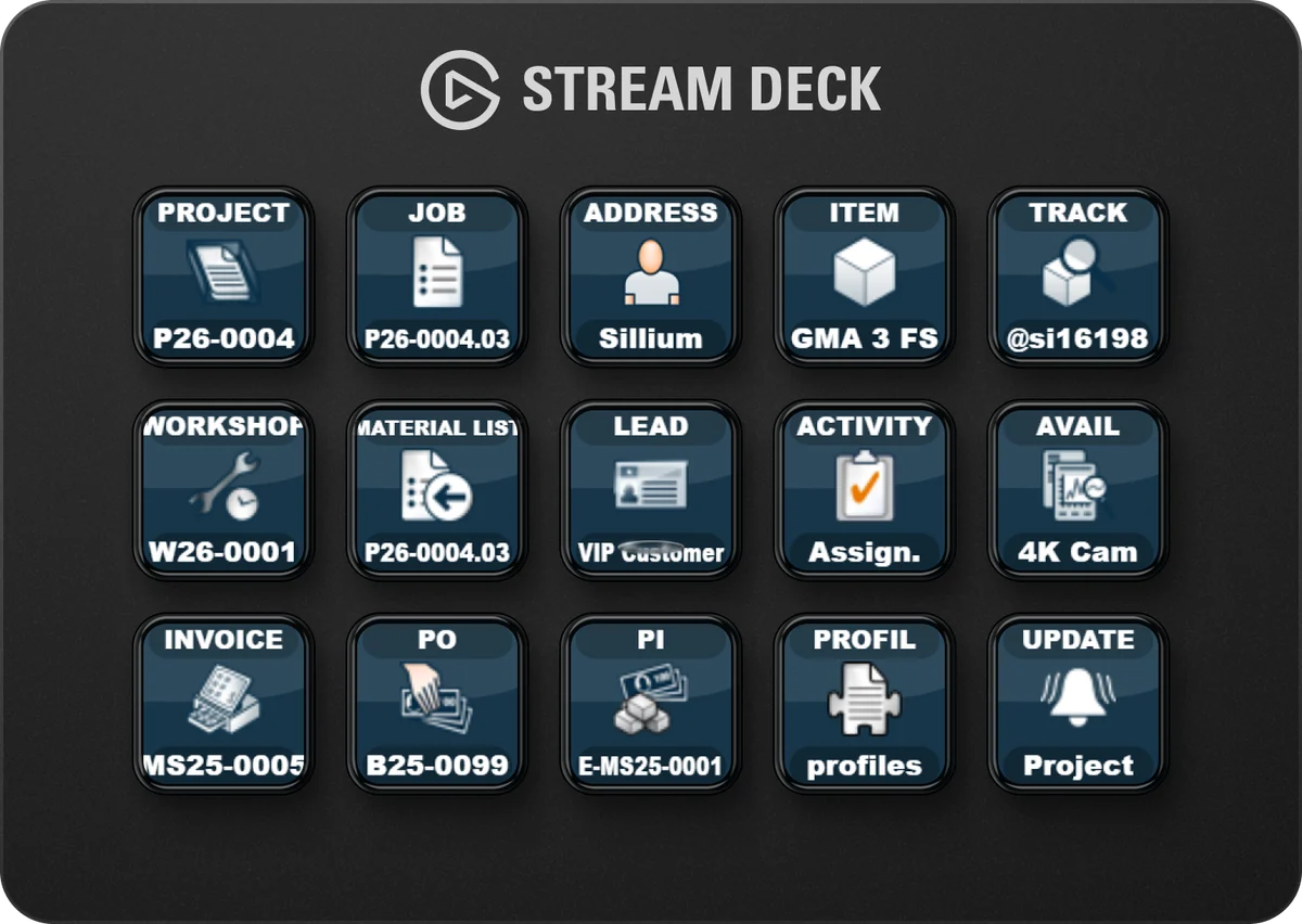 Stream Deck mit den Tasten des Plugins für easyjob 6: Projekt, Job, Adresse, Artikel und weitere Datensätze auf Knopfdruck.